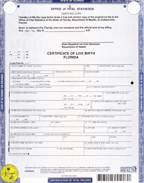 Example Florida birth certificate showing state seal, registrar signature, and certified copy markings