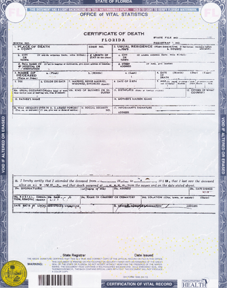 Example Florida death certificate from the Bureau of Vital Statistics