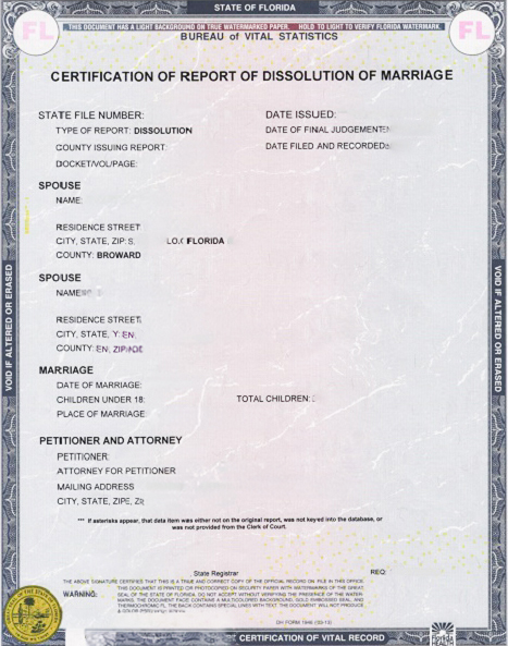 Example Florida divorce decree from the Clerk of Court with certified copy stamp