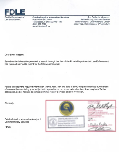 Example FDLE Florida criminal history information report on FDLE letterhead