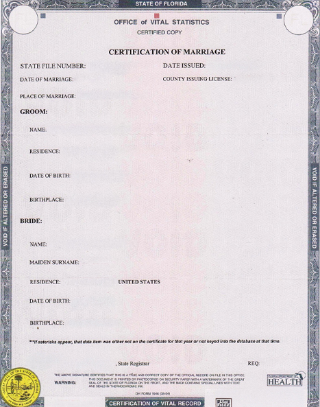 Example Florida marriage certificate with clerk of court seal and signature