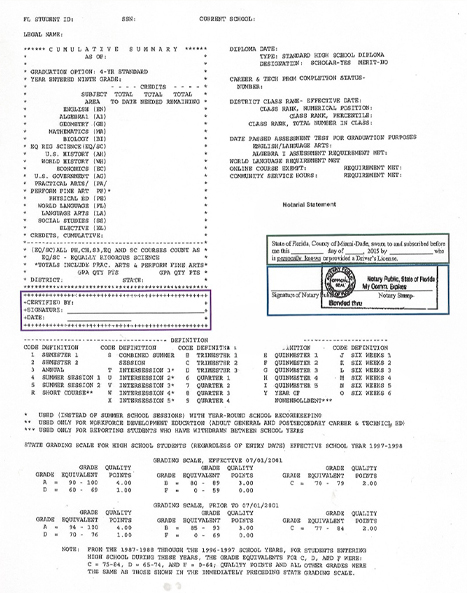 Example Florida sealed certified academic transcript with registrar signature and seal for apostille